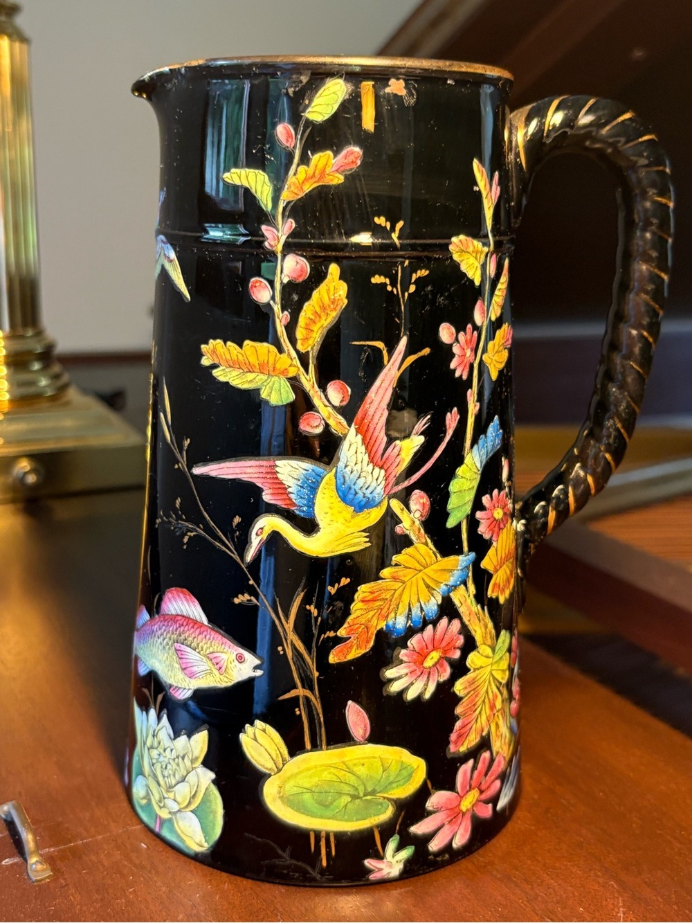 Antique Black Jetware Paxton Floral & Bird Ceramic Pitcher 19th Century